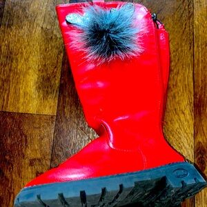 Red Leather Boots with Fur Pom Pom